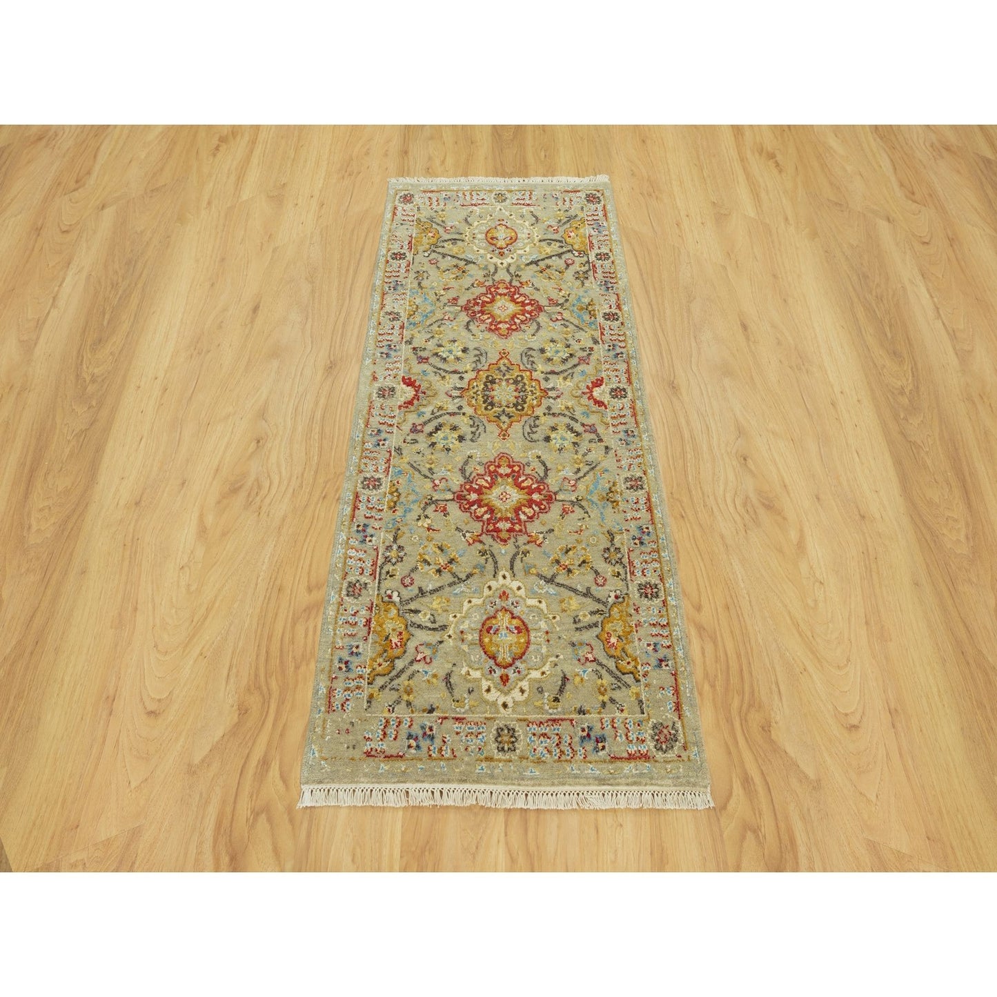 2'8"X6' Camel Wool And Silk Sunset Hand Knotted Runner Oriental Rug