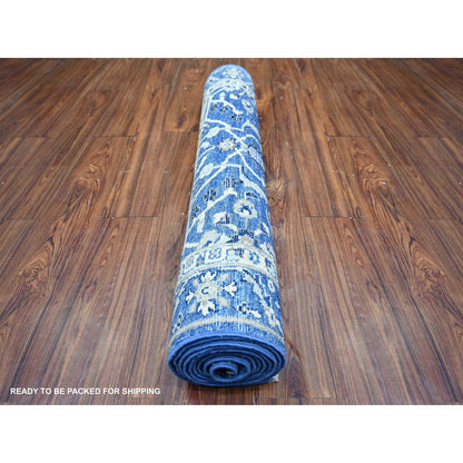 3'7"X10' Sapphire Blue Wool Fine Peshawar Hand Knotted Wide Runner Rug