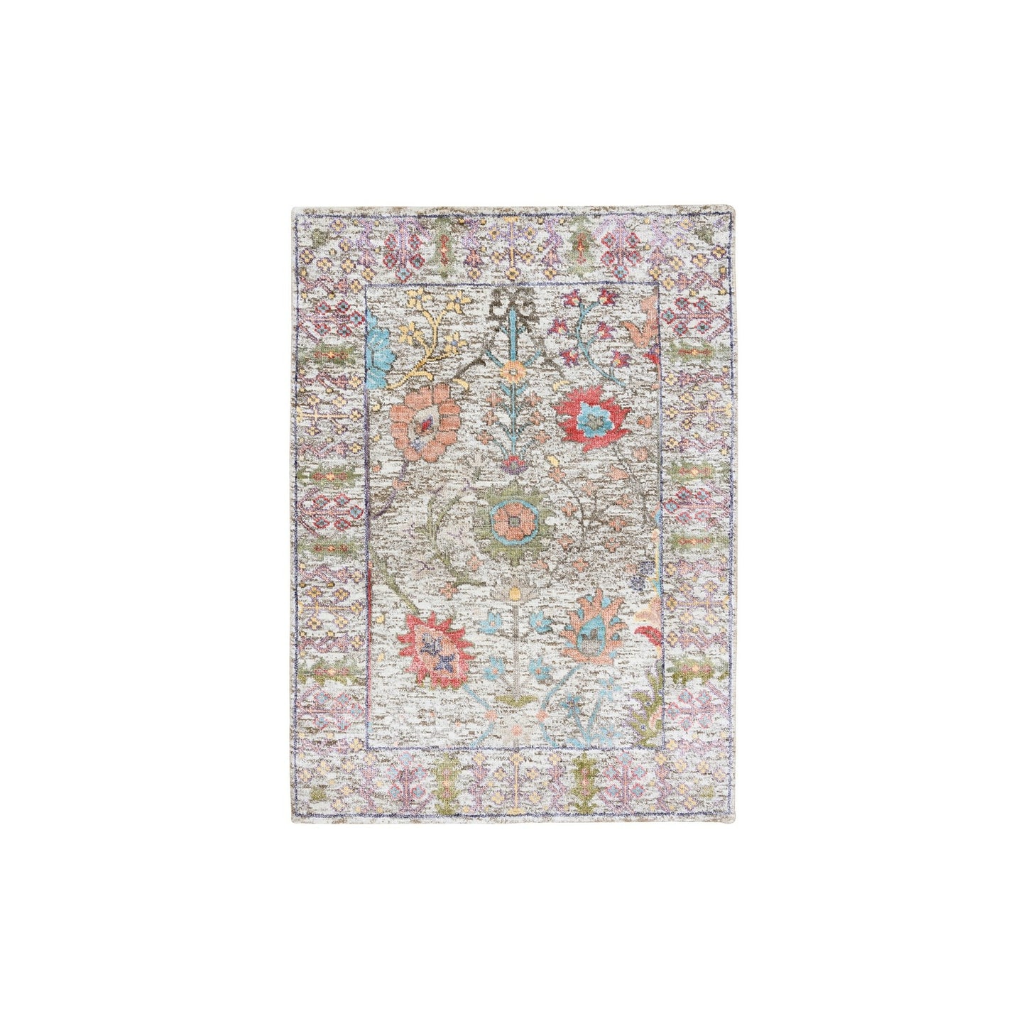 2'2"X3'1" Beige Silk With Textured Wool Hand Knotted Oriental Mat Rug