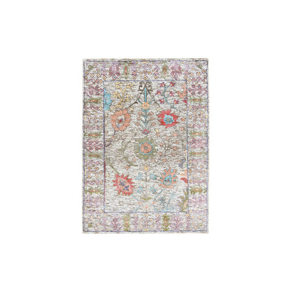 2'2"X3'1" Beige Silk With Textured Wool Hand Knotted Oriental Mat Rug