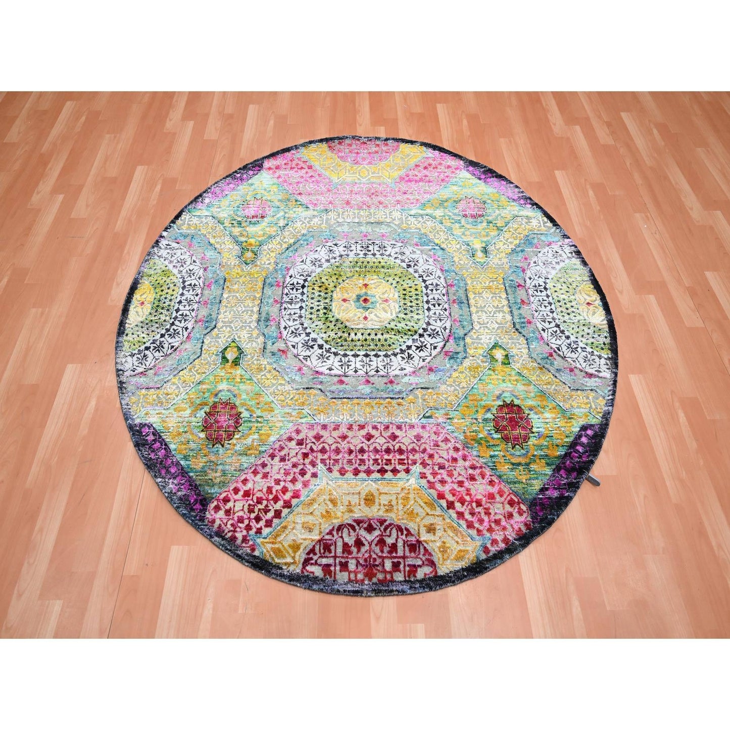 6'1"X6'1" Yellow Hand Knotted Mamluk Design Silk-Wool Round Oriental Rug