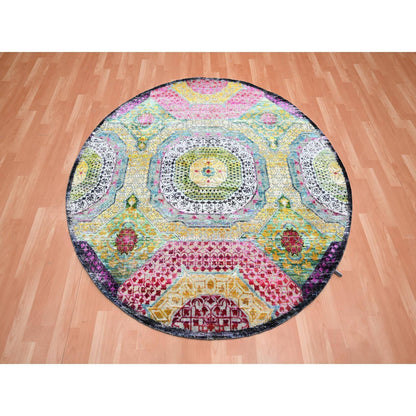 6'1"X6'1" Yellow Hand Knotted Mamluk Design Silk-Wool Round Oriental Rug