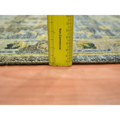 2'7"X10'6" Green Erased Birds Design Hand Knotted Pure Wool Runner Rug