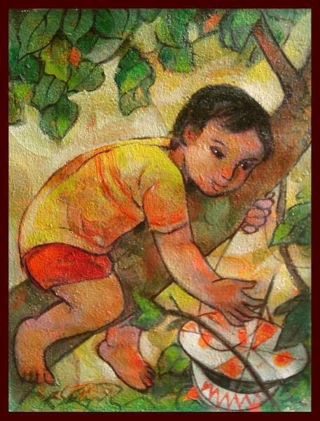 Oil Painting Child Climbing Original Tree San Miguel Philippine Art