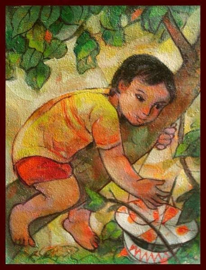Oil Painting Child Climbing Original Tree San Miguel Philippine Art