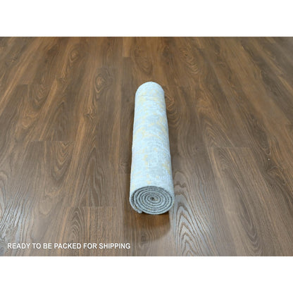 2'6"X6' Beige Abstract Design Wool-Silk Hand Knotted Runner Oriental Rug