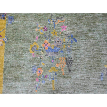 9'1"X12'5" Green Chinese Art Deco Inspired Peshawar Hand Knotted Wool Rug