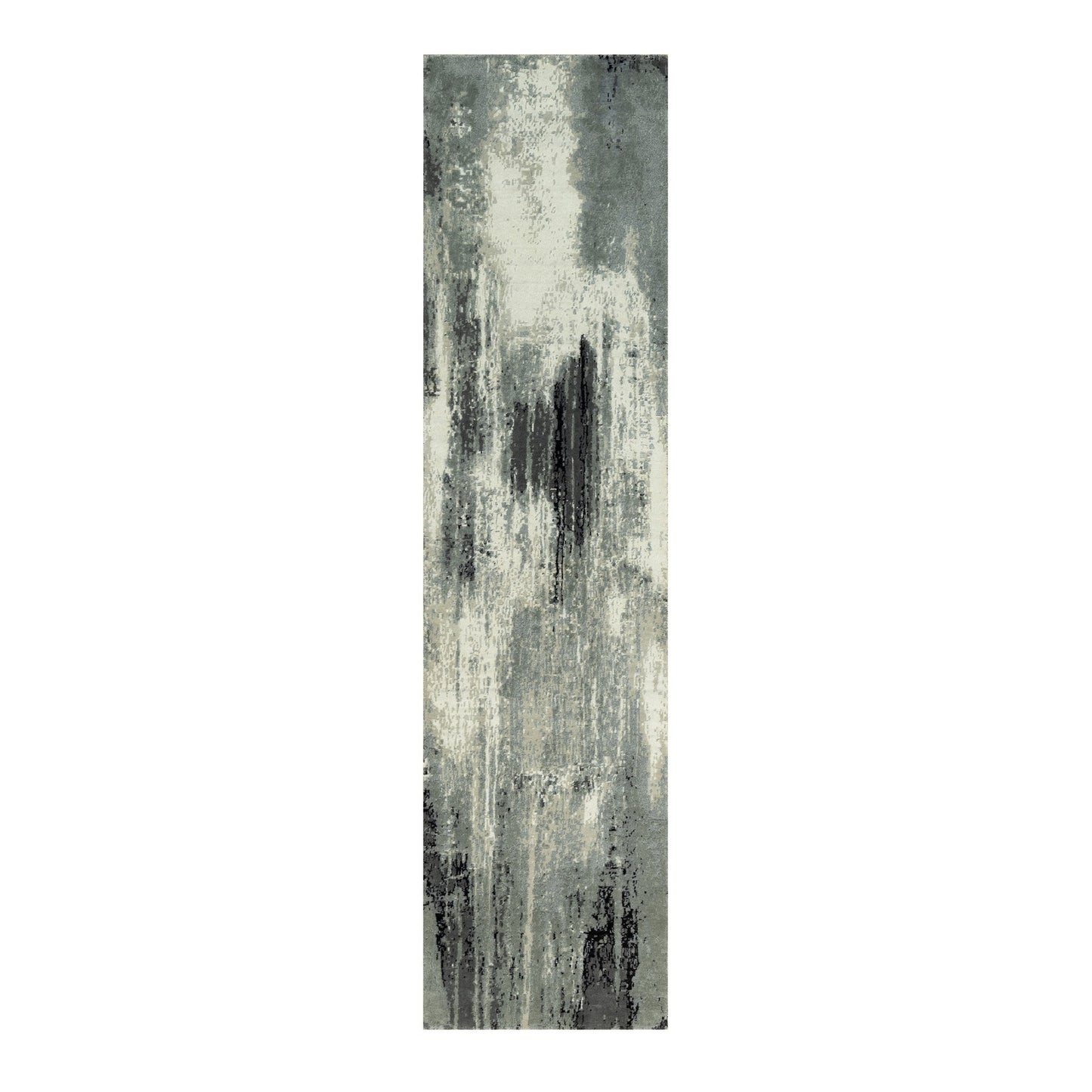 2'7"X10' Pitch Black Abstract Design Wool-Silk Hand Knotted Runner Rug