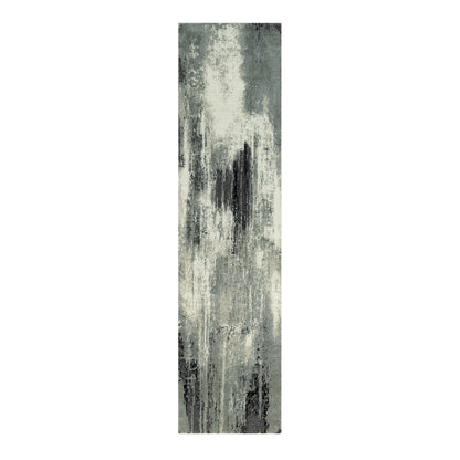 2'7"X10' Pitch Black Abstract Design Wool-Silk Hand Knotted Runner Rug