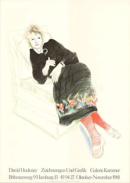 David Hockney Portrait Of Celia In A Black Dress With Colored Border 