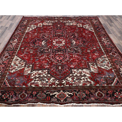 8'X9'2" Red Vintage Zoroastrian Heris Pure Wool Hand Knotted Worn Down Rug
