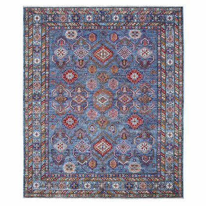 8'X9'6" Slate Gray Hand Knotted Geometric Super Kazak Wool Oriental Rug