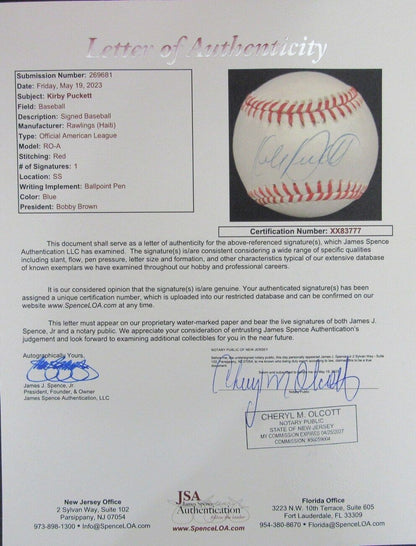 Kirby Puckett Hof Autographed Oal Baseball Minnesota Twins Jsa 179916