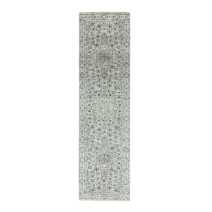 2'8"X10' White Mamluk Dynasty Design Undyed Wool Hand Knotted Runner Rug