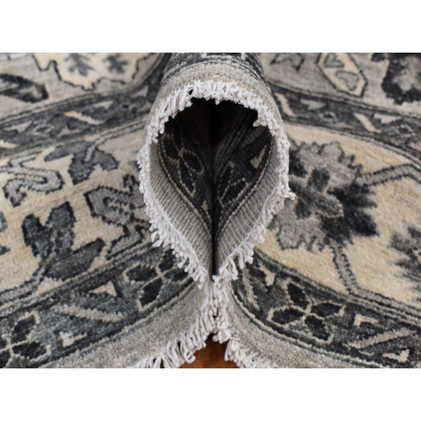 6'2"X9'2" Gray Pure Wool Hand Knotted Peshawar With Karjihooz Design Rug