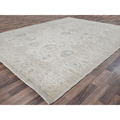 9'1"X11'8" Chiffon White White Wash Peshawar Hand Knotted Pure Wool Rug