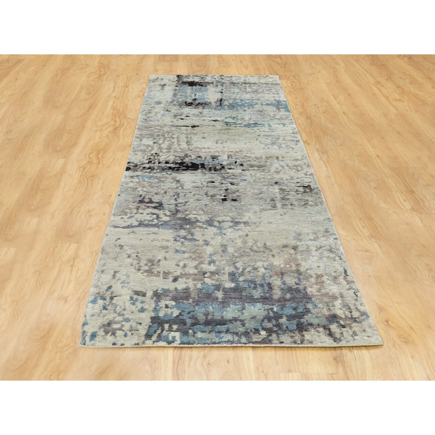 2'5"X9'9" Abstract Design Silver-Blue Hand Knotted Wool-Silk Runner Rug