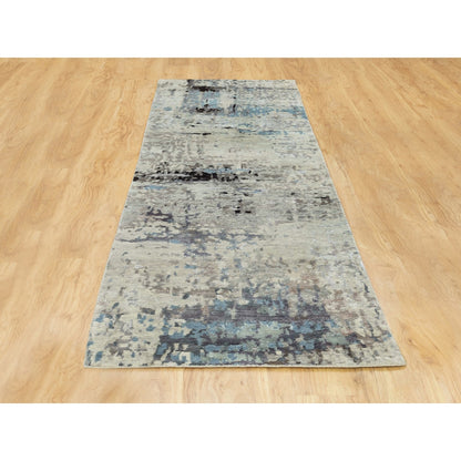 2'5"X9'9" Abstract Design Silver-Blue Hand Knotted Wool-Silk Runner Rug
