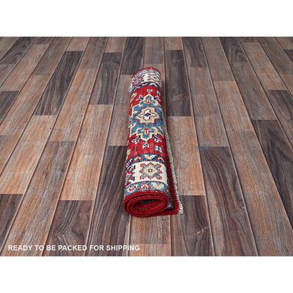 2'2"X3' Red Kazak With Geometric Pattern Soft Wool Hand Knotted Mat Rug