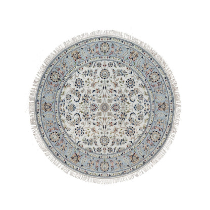 5'2"X5'2" Ivory Wool And Silk Nain Flower Pattern Hand Knotted Round Rug
