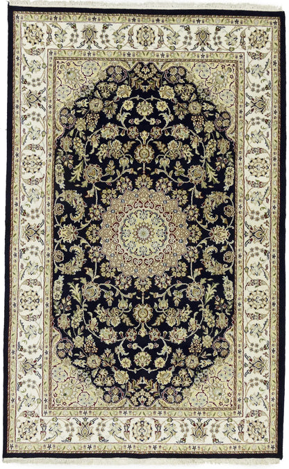 Indo Nain Oriental Rug Handmade Wool Carpet Blue