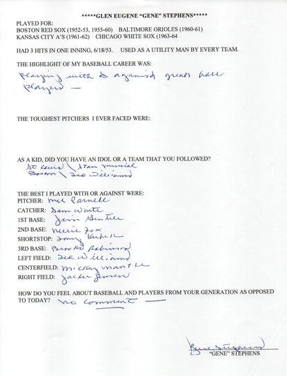 Gene Stephens Autographed Hand Filled Out Survey Page (Jsa)
