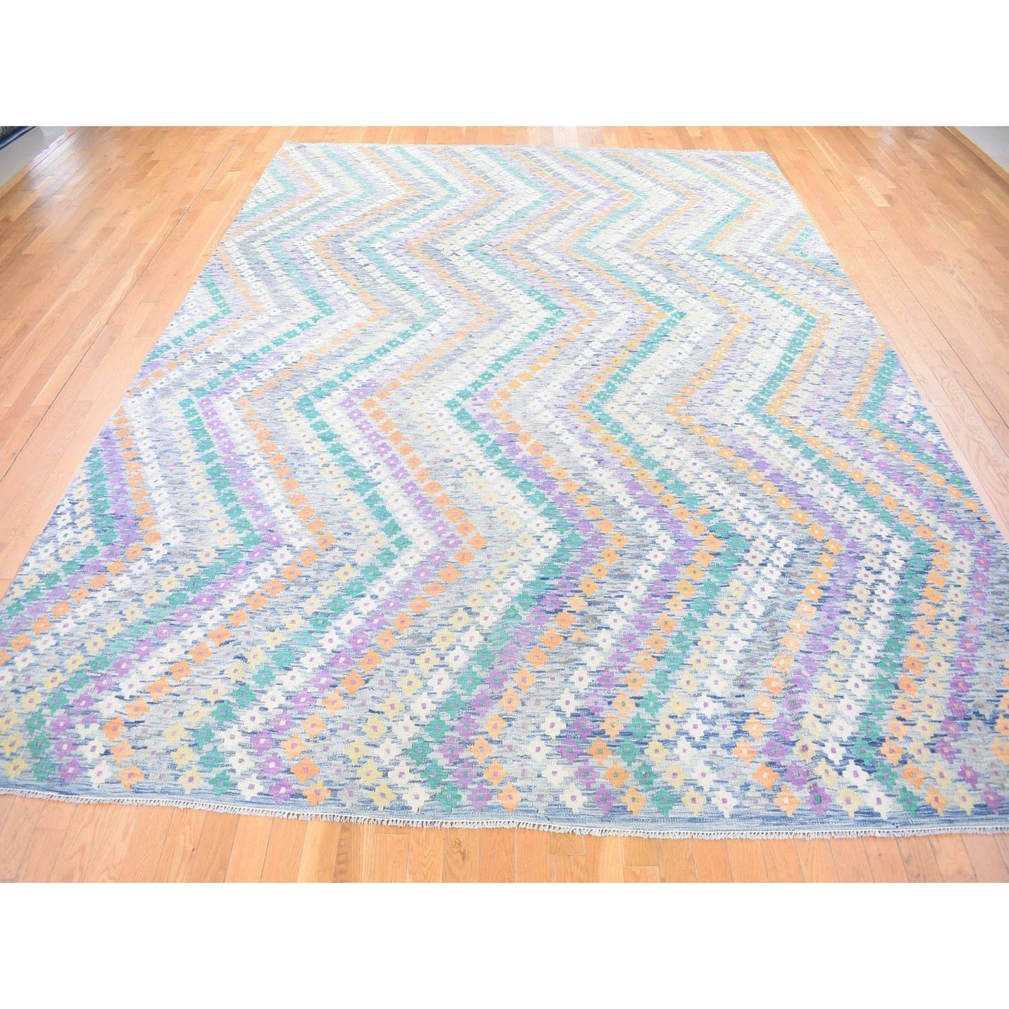 10'3"X13'2" Blue Afghan Kilim Flat Weave Pure Wool Hand Knotted Rug