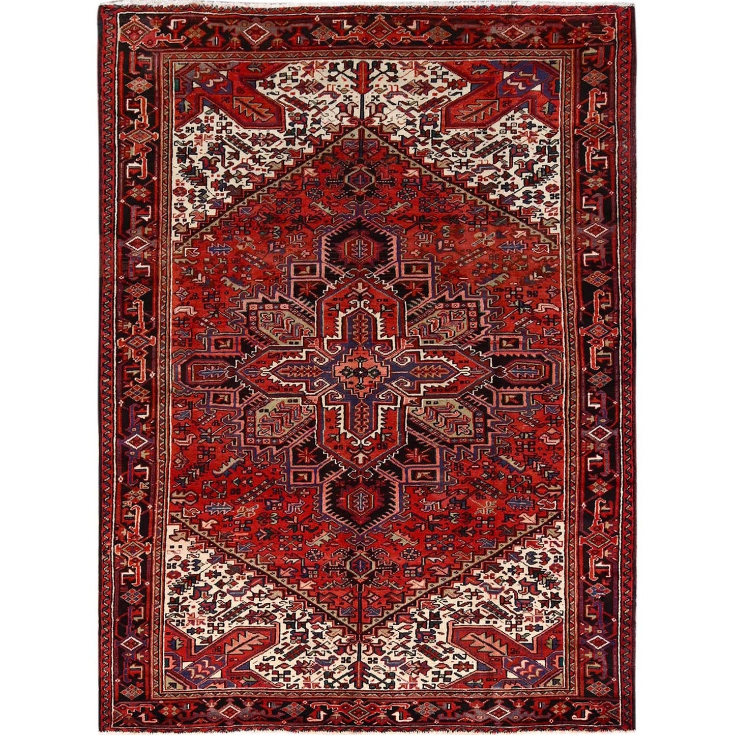 6'7"X9'3" Vivid Auburn Red Hand Knotted Vintage Wool Heris Oriental Rug