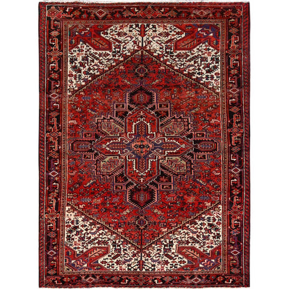 6'7"X9'3" Vivid Auburn Red Hand Knotted Vintage Wool Heris Oriental Rug