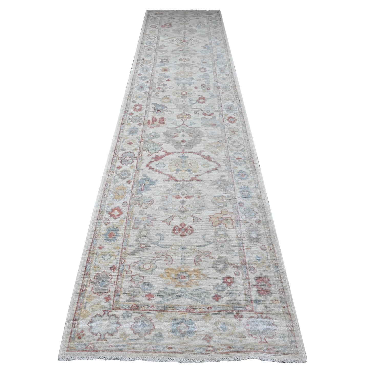 3'X13'6" Alabaster White Wool Foundtion Runner Angora Oushak Oriental Rug