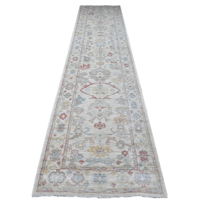 3'X13'6" Alabaster White Wool Foundtion Runner Angora Oushak Oriental Rug