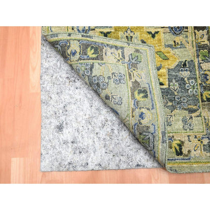 2'7"X12'3" Green Erased Birds Design Pure Wool Hand Knotted Runner Rug