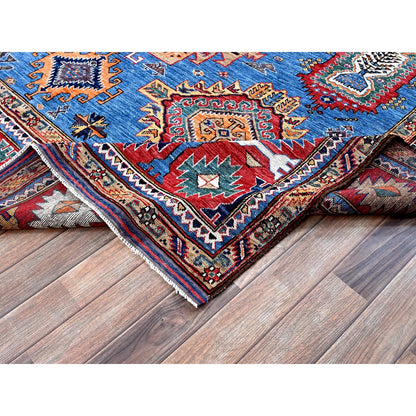 8'1"X9'10" Blue Afghan Caucasian Design Revival Hand Knotted Soft Wool Rug