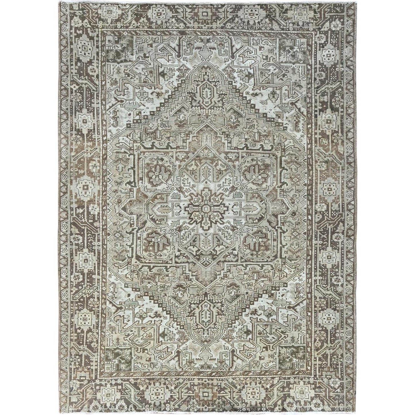 7'1"X9'8" Beige Vintage And Worn Zoroastrian Heris Hand Knotted Wool Rug