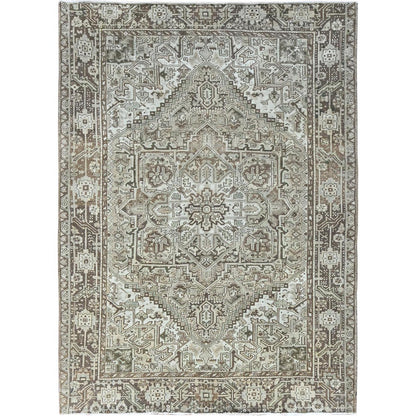 7'1"X9'8" Beige Vintage And Worn Zoroastrian Heris Hand Knotted Wool Rug