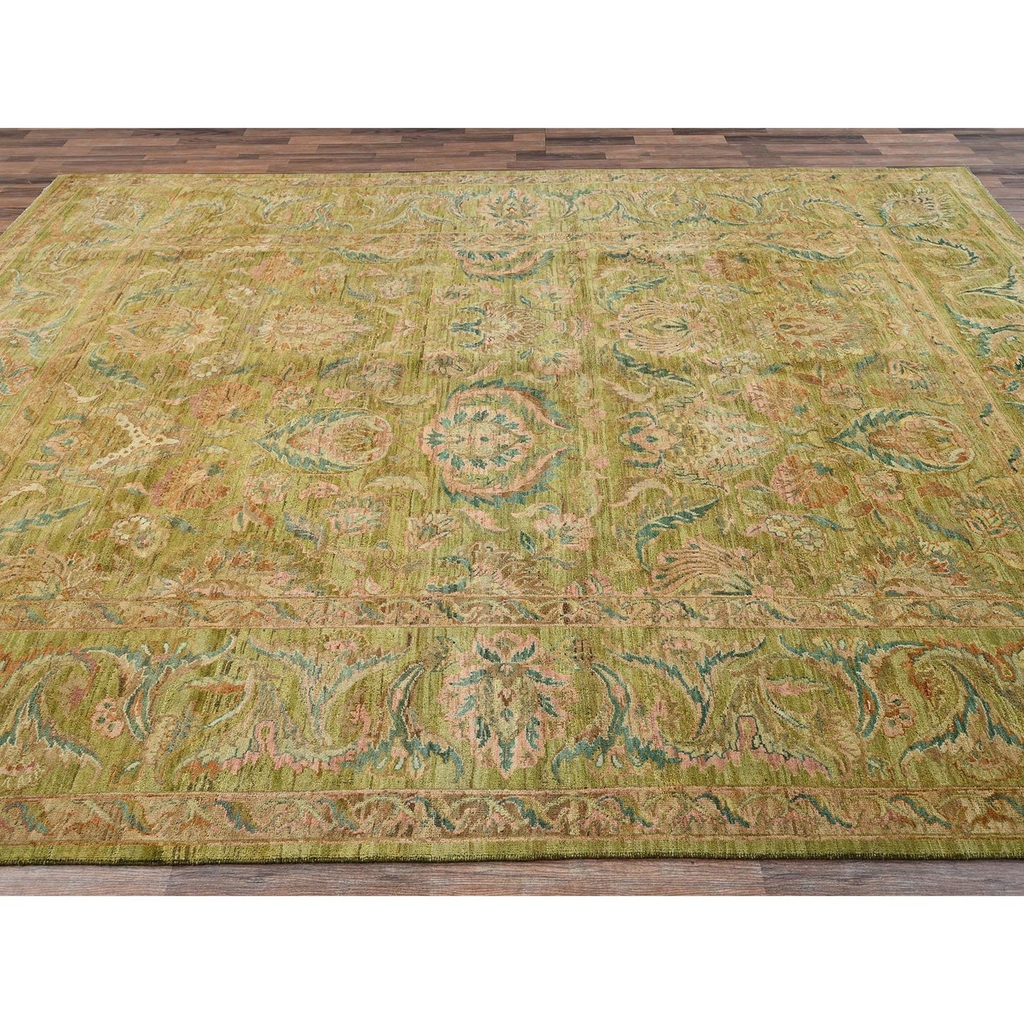 8'10"X12'1" Chino Green Vintage Rajasthan 100% Wool Hand Knotted Rug