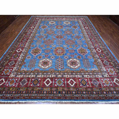 10'2"X13'8" Blue Hand Knotted Super Kazak All Over Motifs Oriental Rug