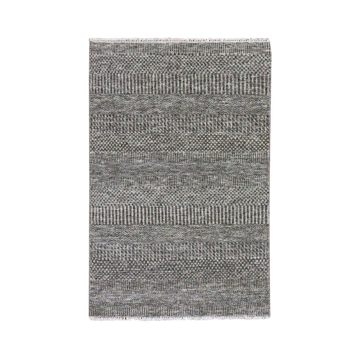 3'X5' Graphite Gray Grass Design Pure Undyed Wool Hand Knotted Rug