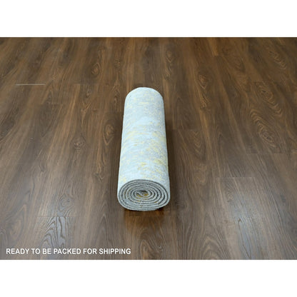 2'6"X9'9" Beige Abstract Design Wool And Silk Hand Knotted Runner Rug