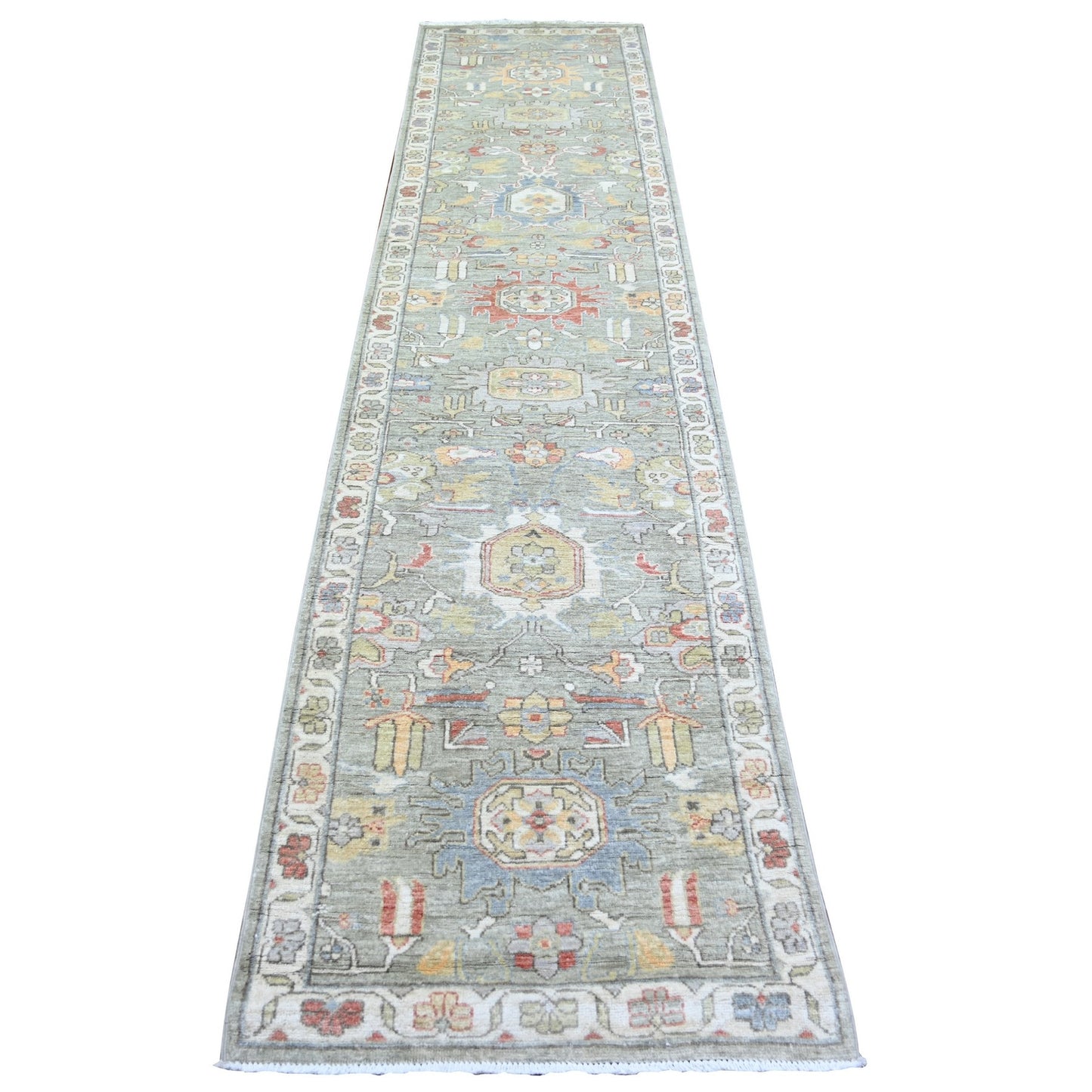 2'7"X11'9" Echo Gray Pure Wool Hand Knotted Finer Peshawar Runner Rug