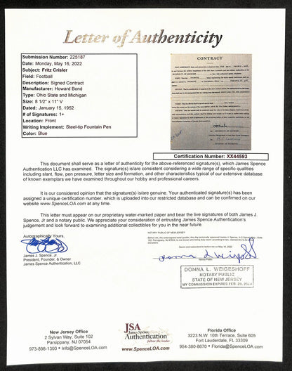 Fritz Crisler Cfb Hof Signed 1952 Contract