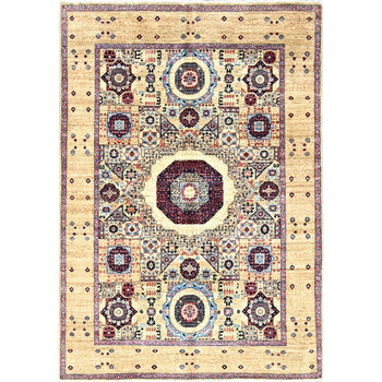 5'X7' White Hand Knotted Natural Wool Mamluk Design Oriental Rug