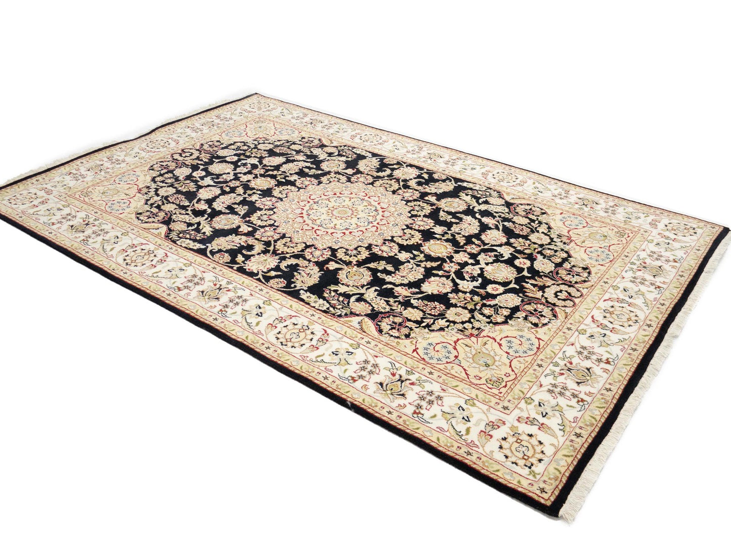 Handmade Black Indo-Nain Wool Rug 6x9 ft Floral Design Oriental Carpet