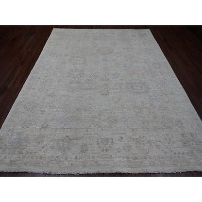 7'10"X9'8" Gray Hand Knotted Afghan Angora Oushak Leaf Design Wool Rug