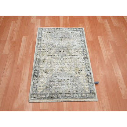 2'1"X3' White Oushak Hand Knotted Pure Silk And Textured Wool Mat Rug