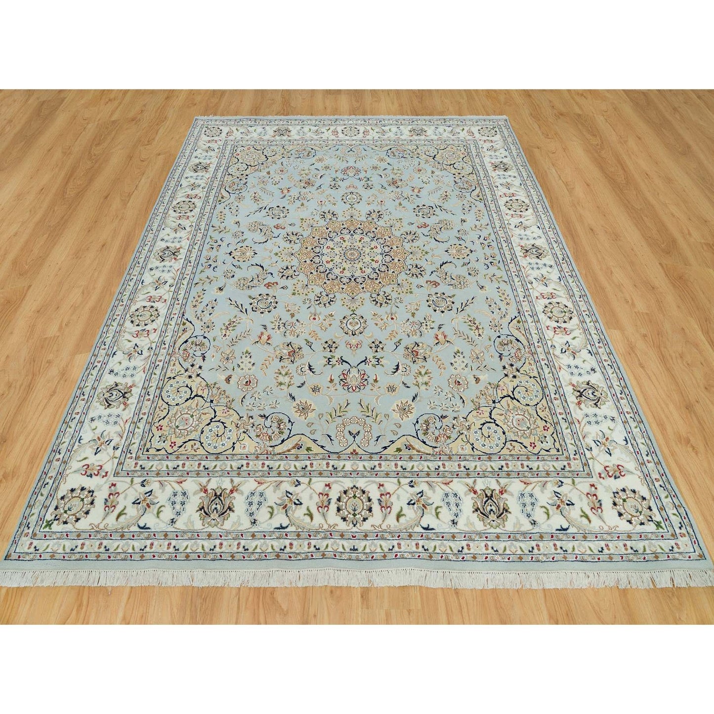 7'7"X9'9" Celeste Blue Nain Design 250 Kpsi Hand Knotted Square Rug