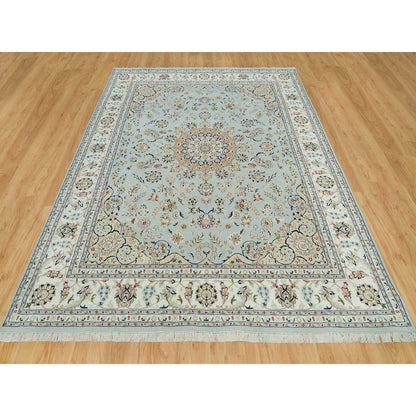 7'7"X9'9" Celeste Blue Nain Design 250 Kpsi Hand Knotted Square Rug