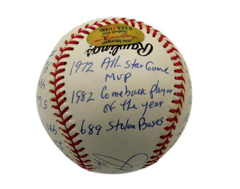 Joe Morgan Hof Reds Signed/Inscribed Oml Stat Baseball Reggie Jackson Coa 198560