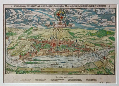 Sebastian Munster Trier Map 1598 Hand-Colored Woodcut Original Cosmographia