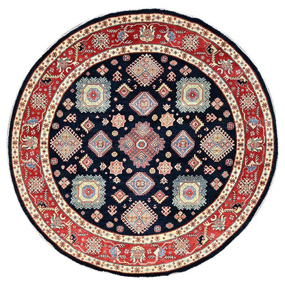 9'X9' Blue Special Kazak Geometric Wool Hand Knotted Round Oriental Rug